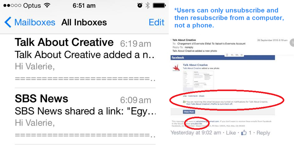 Bulk email notifications on Facebook encourage unsubscribes